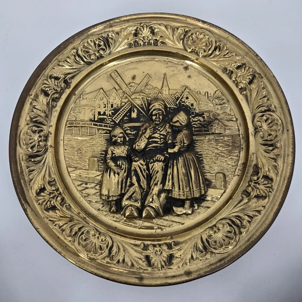 Vintage Lombard England‎ Brass Wall Plaque Dutch Windmill Scene Embossed 15